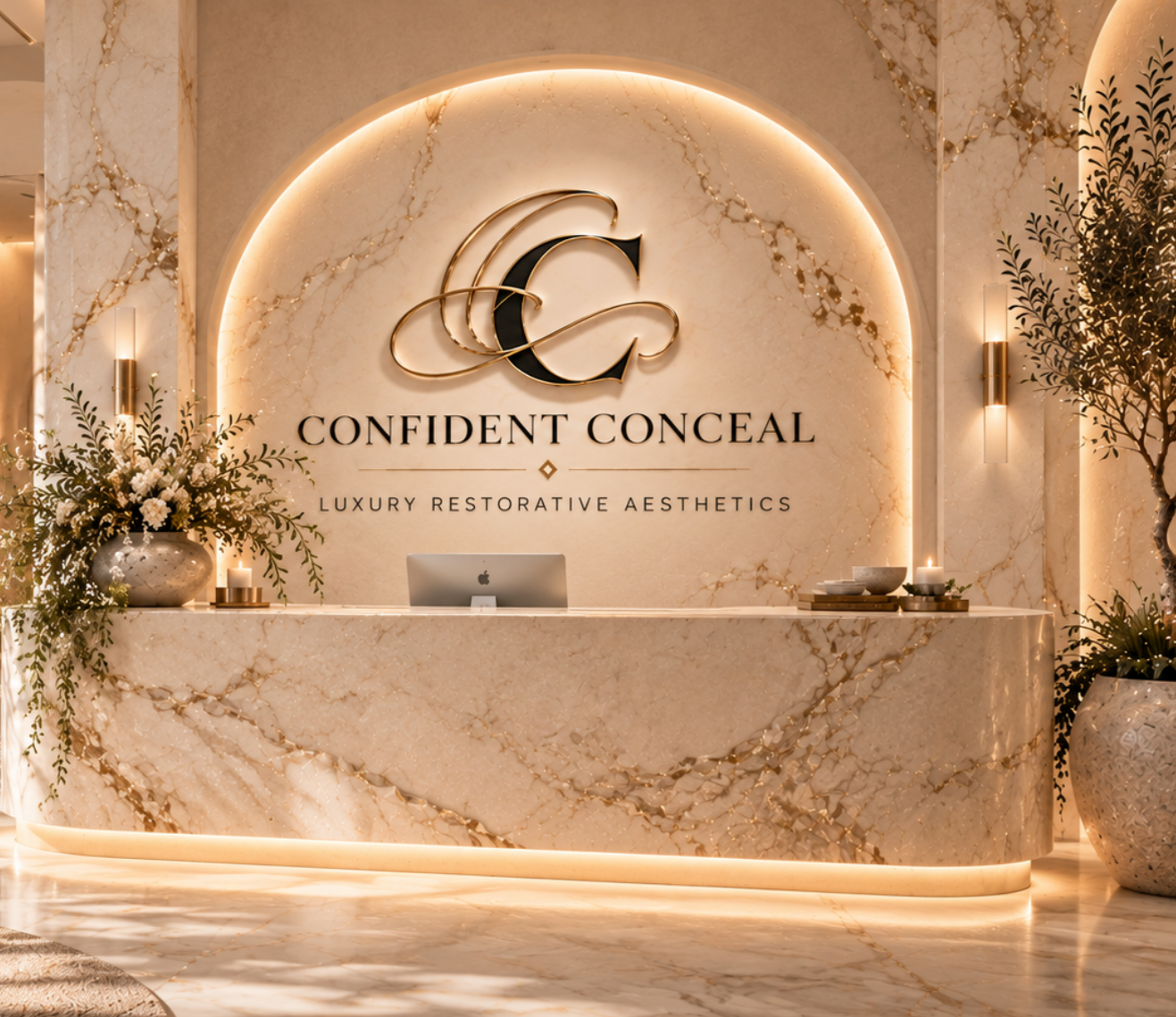 Confident Conceal reception with illuminated marble arch and marble desk